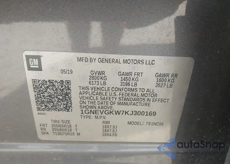 2019 Chevrolet Traverse 1Lt z USA, uszkodzony, nr VIN 1GNEVGKW7KJ300169